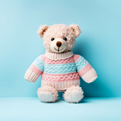 Cute little teddy bear plush toy in a winter or Christmas sweater on a minimal pastel background. Generative AI.