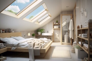 Bright attic bedroom with skylights and a compact bathroom, featuring a sink and toilet. Double exposure adds a unique touch. Generative AI - obrazy, fototapety, plakaty