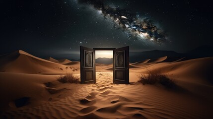 open fantasy door in the desert - obrazy, fototapety, plakaty