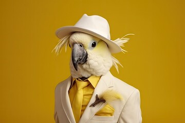 white funny parrot in hat