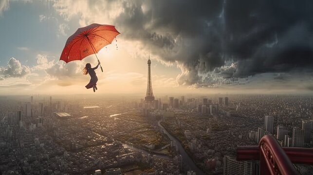 flying girl with red umbrella under city