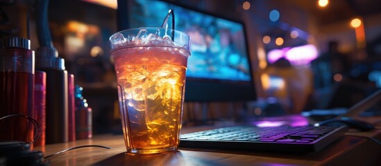 A gamers drink an energy drink sits on a table by a computer
