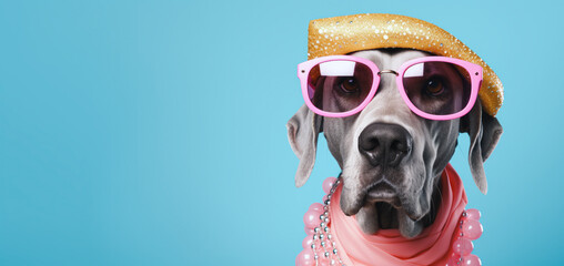 Portrait of an extravagantly dressed adorable Great dane dog posing with a multitude of jewelry. Irresistible and goofy. Generative AI. - obrazy, fototapety, plakaty