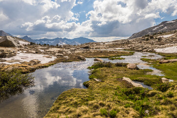 Fototapeta na wymiar Creek with grassy shore and reflected clouds in the high mountains