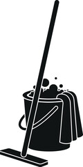 Cartoon Black and White Illustration Vector Of A Mop Bucket and Rag for Cleaning