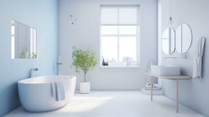 Interior of modern luxury scandi style bathroom with window and white walls. Free standing bathtub, countertop sink on wooden vanity, wall mirrors. Contemporary home design. 3D rendering.