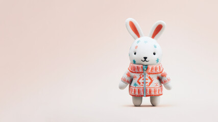 Cute plush bunny toy dressed in a Christmas winter sweater on a minimal pastel pink backdrop with copy space. Winter holidays are coming. Generative AI.