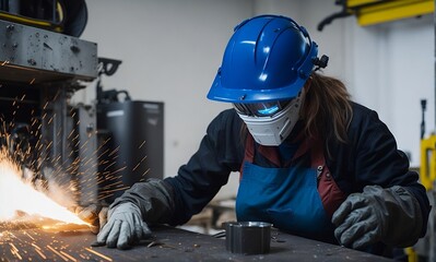 Woman in welding helmet working on piece of metal in workshop, sparks flying around - female welder, workplace gender equality created with generative ai