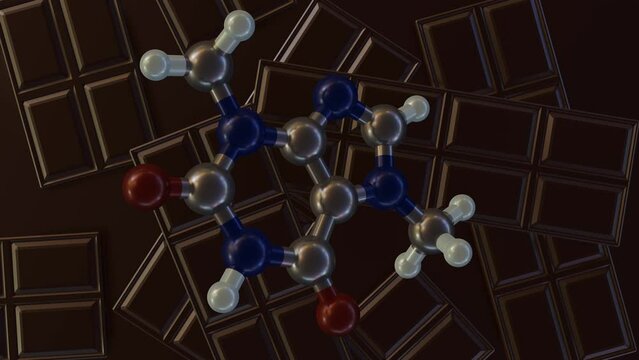 Theobromine or xantheose, is the principal alkaloid of Theobroma cacao. theobromine molecules and chocolate bar 3d rendering