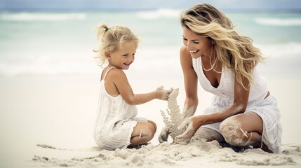 Fototapeta na wymiar mother and child playing on beach 