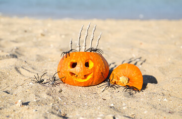 Carved pumpkin for Halloween with skeleton hand and spiders on beach