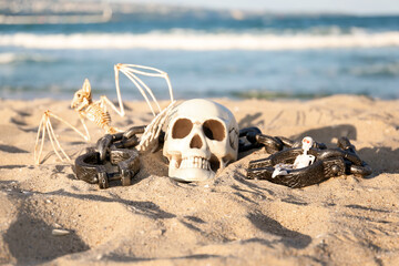Skull for Halloween with chain, skeletons of human and bat on beach