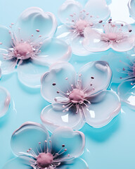 Beautiful spring flowers submerged in clear liquid or glass shimmering as if made of porcelain. Pastel soothing tones. Generative AI.