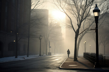fog and sun. Citywide. Snow in the city center - obrazy, fototapety, plakaty