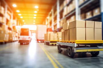 Logistics center. transportation warehouse. delivery boxes, blurred background