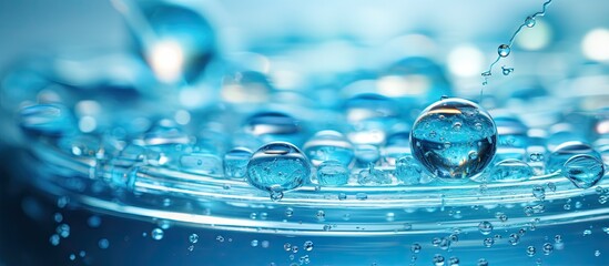 Gel droplets with bubbles enter petri dish in macro shot Concept of hyaluronic acid mixing in face care