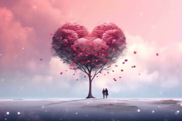 Valentine's Day background with silhouette of girl near tree as big heart. Love concept. Romantic love story. Generative AI.