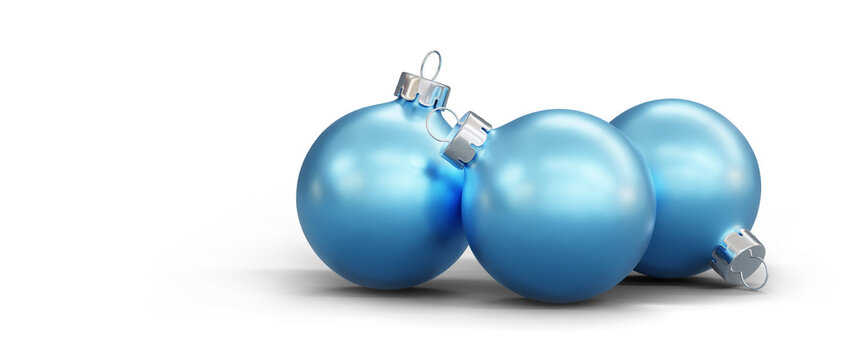 Three blue Christmas baubles isolated on transparent background. Christmas decoration. Selective focus. 3D render.