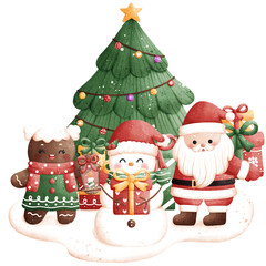 Watercolor Santa Claus and Friends Illustration Isolated on Transparent Background