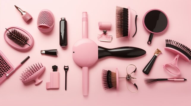 Beauty set collection make up equipment isolated pink background. AI generated