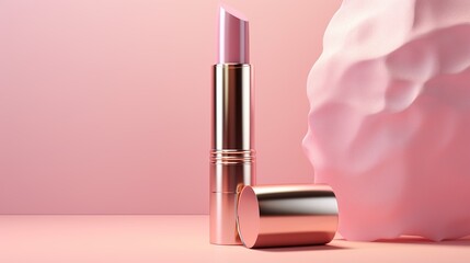 Pink Lipstick cosmetic isolated on pink background. AI generated image