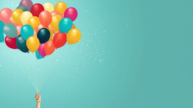 Collection of colorful flying balloons filled with helium isolated on cyan background. AI generated