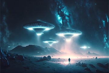 alien ufos in galaxy meteor shower cinematic  - obrazy, fototapety, plakaty