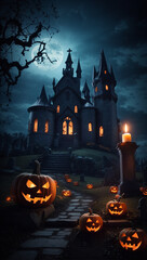 Fototapeta na wymiar Halloween background with scary pumpkins candles in the graveyard at night with a castle background