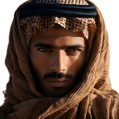 Arabian man wearing arab shemagh headscarf on transparent background - obrazy, fototapety, plakaty