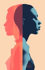 Woman silhouette — female figure photo in scanned scree print style photo-collage — beautiful young woman's face
