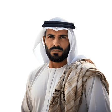 Arabian man portrait in traditional formal thobe on transparent background 