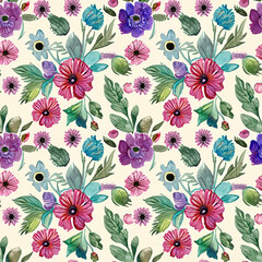 Watercolor floral pattern for printing applications, such as textiles, stationery and home decor.