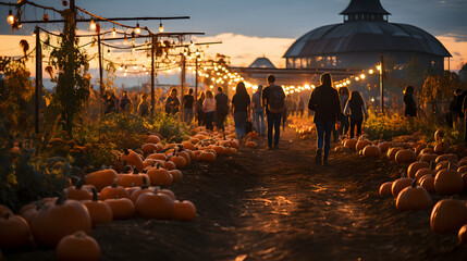 pumpkins on a pumpkin patch farm autumn fall festival with lights 
 - Powered by Adobe