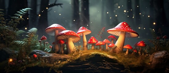 Fly agaric grows in a forest a magical enchanted landscape