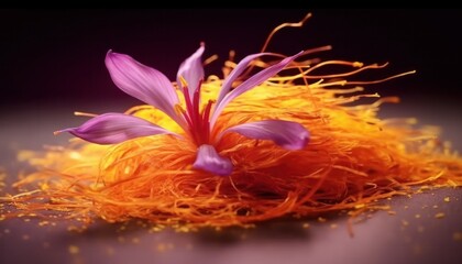 a pile of saffron on the table. Saffron is a spice that is the dry golden pistils of crocus sativus. It is widely used in Mediterranean and Oriental cuisines.
