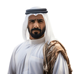 Arab middle eastern Saudi man in traditional formal thobe on transparent background (png)