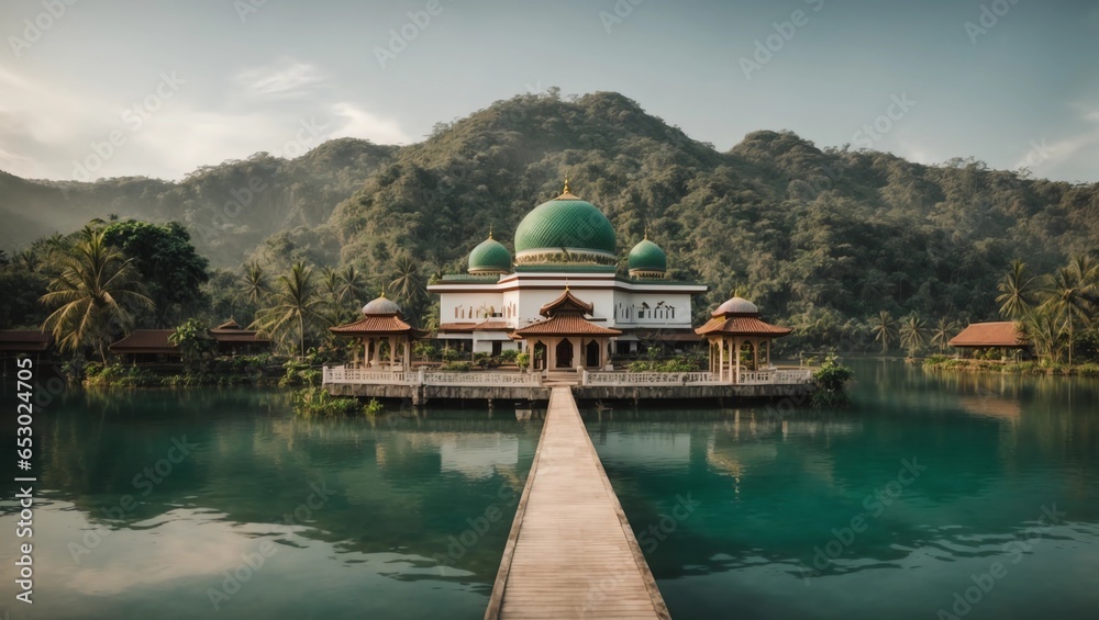 Wall mural beautiful mosque with tropical lake and mountain panorama