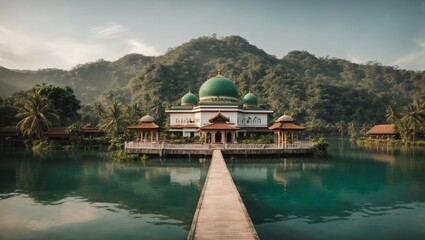 beautiful mosque with tropical lake and mountain panorama