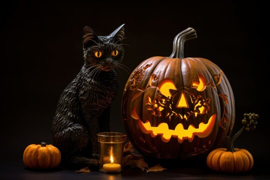 Halloween's Enigmatic Duo: Cat and Haunted Pumpkin
