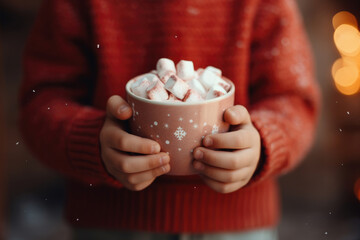 The hands of a young one grasp a steaming cocoa cup brimming with fluffy marshmallows, epitomizing the joy of relishing this winter's sweetest delight