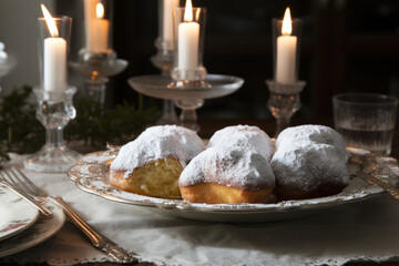 Fototapeta na wymiar A mouth-watering close-up of sufganiyot, a popular Hanukkah treat that are filled with jelly and dusted with powdered sugar