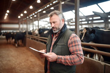 mature male worker of contemporary animal farm using digital tablet 