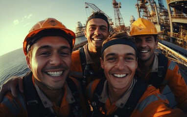 A group of petroleum engineers on offshore platform taking a selfie. Generative AI