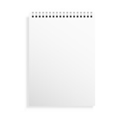 Notebook mockup. White notepad cover with soft shadow. Realistic diary blank. Empty copybook on white background. Simple organizer template. Vector illustration