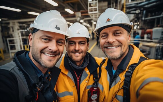 A group of petroleum engineers on offshore platform taking a selfie. Generative AI