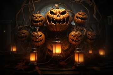 Hyper-Realistic Pumpkin Ensemble: 8K Carved Faces and Lantern Glow
