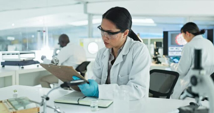 Lab, notes or scientist writing research for analysis on experiment or medical information. Notebook, woman or expert with clipboard for science development test results, innovation and report