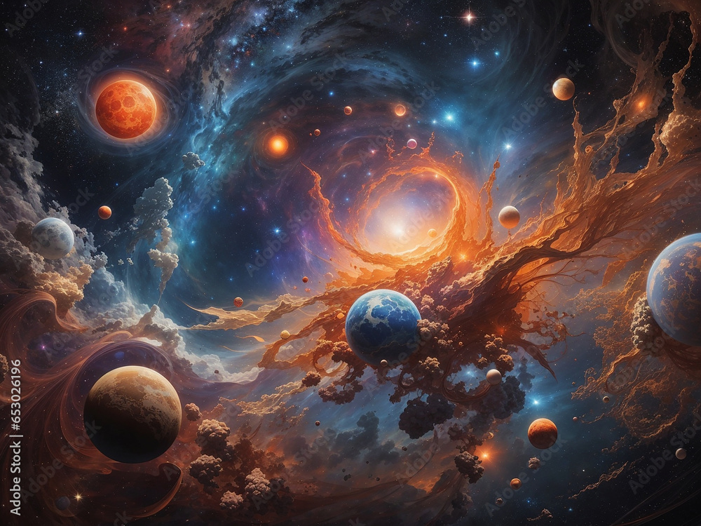 Wall mural Celestial bodies such as nebulae, cosmic dust, and planets - AI Generative