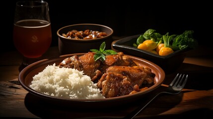 Dive into the culinary allure of a plate generously filled with Chicken Adobo. Browned chicken pieces luxuriate in rich sauce, flanked by a fragrant mound of steamed jasmine rice. 