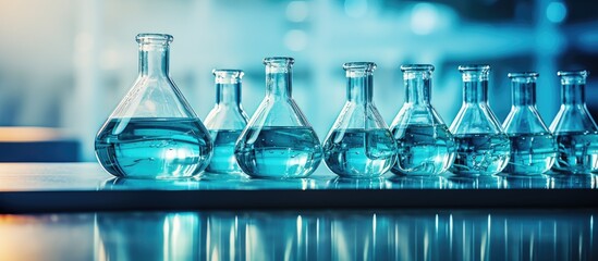 Lab flasks on blue scientific background empty or filled with clear liquid and reflecting on table - obrazy, fototapety, plakaty